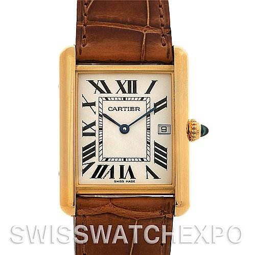 This image shows a front view of the Cartier Tank Louis W1529756 Yellow Gold White Dial W1529756 Yellow Gold White Dial watch, highlighting its face, gold case, brown leather strap, and crown.