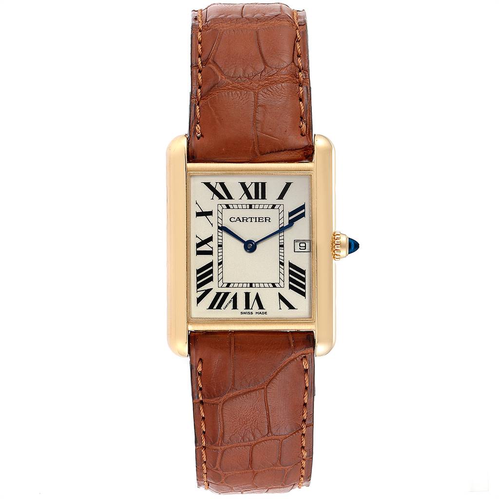 The image shows a full view of the Cartier Tank Louis W1529756 Men's Yellow Gold Silver Dial W1529756 Men's Yellow Gold Silver Dial watch from the front, including its leather strap and face details.