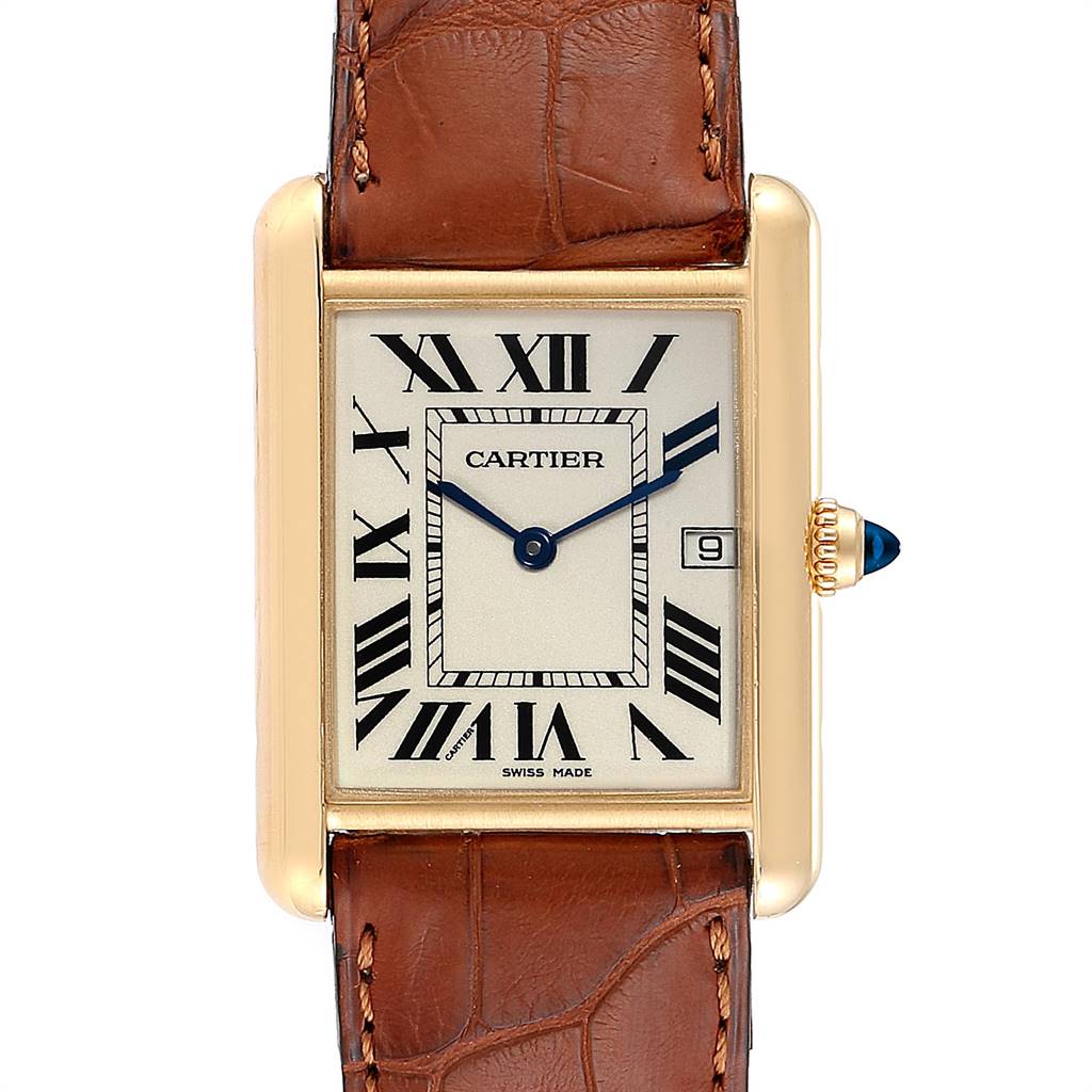 The image shows a front view of the Cartier Tank Louis W1529756 Men's Yellow Gold Silver Dial W1529756 Men's Yellow Gold Silver Dial watch, highlighting the face, Roman numerals, and brown leather strap.