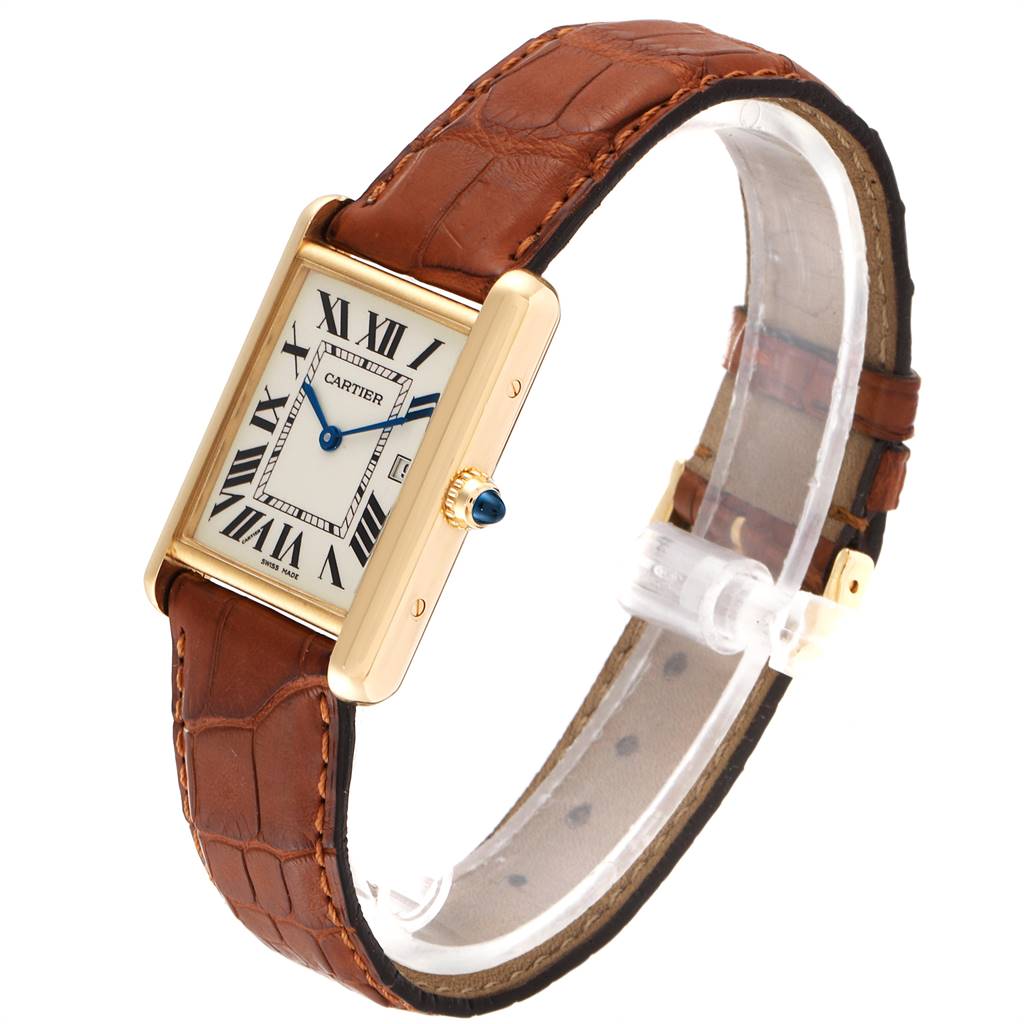 The image shows a Cartier Tank Louis W1529756 Men's Yellow Gold Silver Dial W1529756 Men's Yellow Gold Silver Dial watch at a three-quarter angle, displaying the face, side, and leather strap.