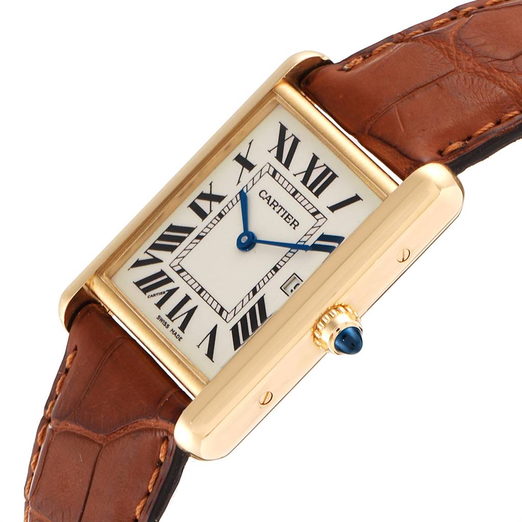 The image shows a Cartier Tank Louis W1529756 Men's Yellow Gold Silver Dial W1529756 Men's Yellow Gold Silver Dial watch at an angled view, highlighting the rectangular dial and brown leather strap.