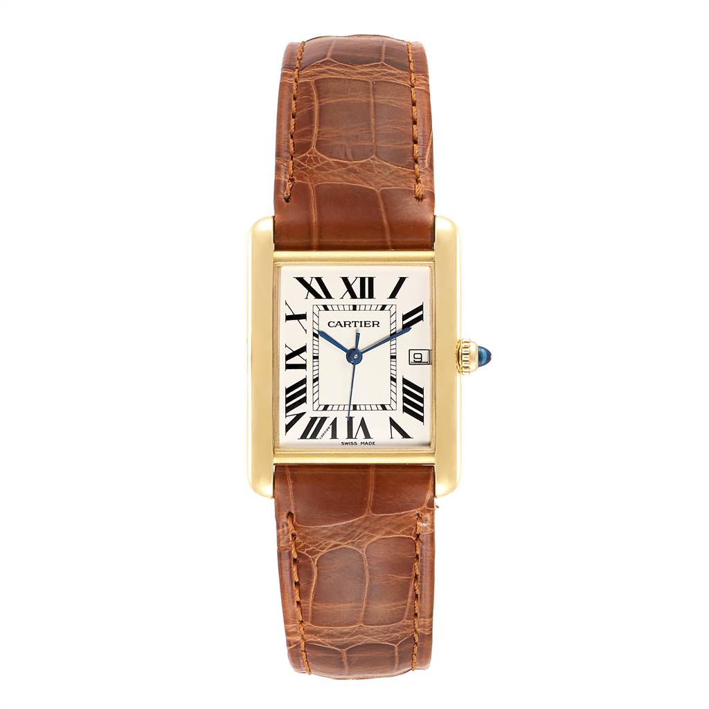This image shows a frontal view of the Cartier Tank Louis W1529756 Men's Yellow Gold Silver Dial W1529756 Men's Yellow Gold Silver Dial watch, featuring its rectangular face, Roman numerals, and brown leather strap.