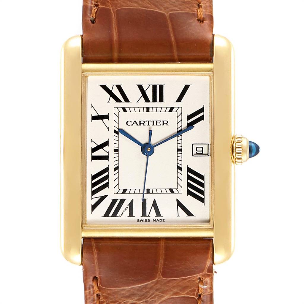 This image shows a front view of the Cartier Tank Louis W1529756 Men's Yellow Gold Silver Dial W1529756 Men's Yellow Gold Silver Dial watch, displaying its rectangular gold case, leather strap, Roman numeral dial, and date window.