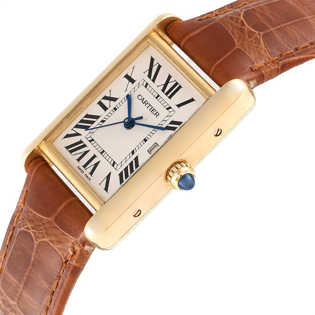 The image shows a Cartier Tank Louis W1529756 Men's Yellow Gold Silver Dial W1529756 Men's Yellow Gold Silver Dial model watch with a close-up view of the watch face, crown, and leather strap at an angled perspective.