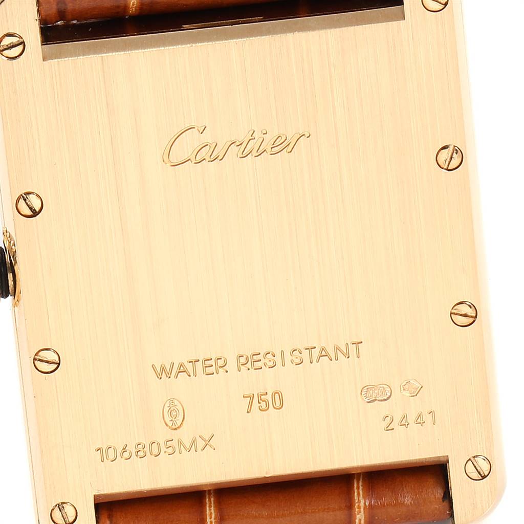 The image shows the back case of a Tank Louis watch by Cartier, highlighting the brand name, model details, and screws.