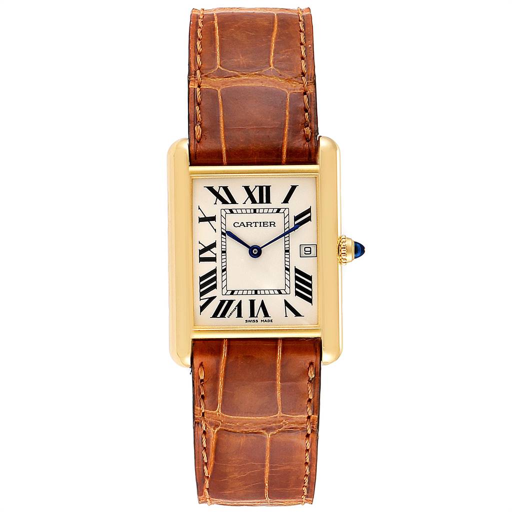 This image shows the front view of the Cartier Tank Louis W1529756 Men's Yellow Gold Silver Dial W1529756 Men's Yellow Gold Silver Dial watch, featuring its dial and brown leather strap.