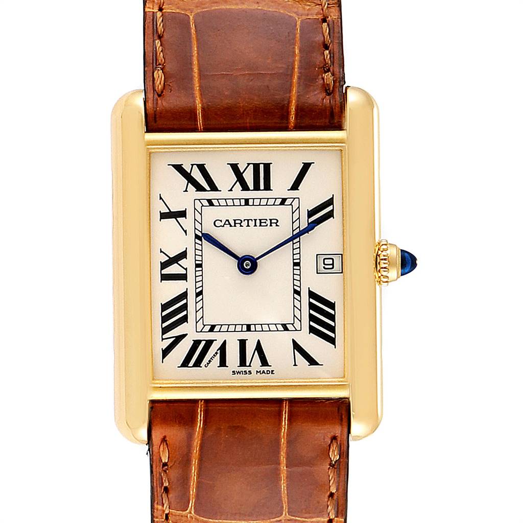 The image shows a Cartier Tank Louis W1529756 Men's Yellow Gold Silver Dial W1529756 Men's Yellow Gold Silver Dial watch, front view, featuring a gold case, brown leather strap, Roman numeral dial, and date display.