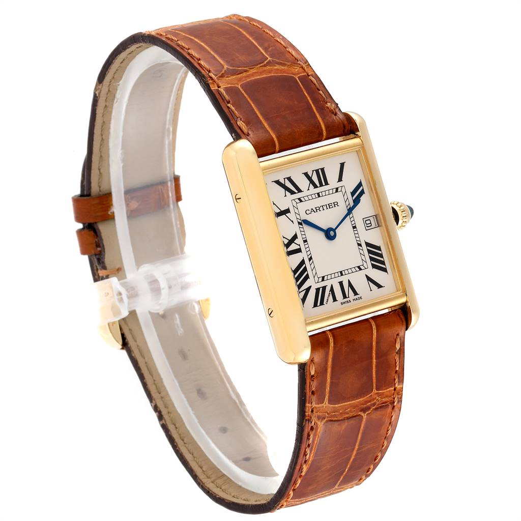 The image shows a side angle of the Cartier Tank Louis W1529756 Men's Yellow Gold Silver Dial W1529756 Men's Yellow Gold Silver Dial watch, highlighting its rectangular face, leather strap, and Roman numeral dial.