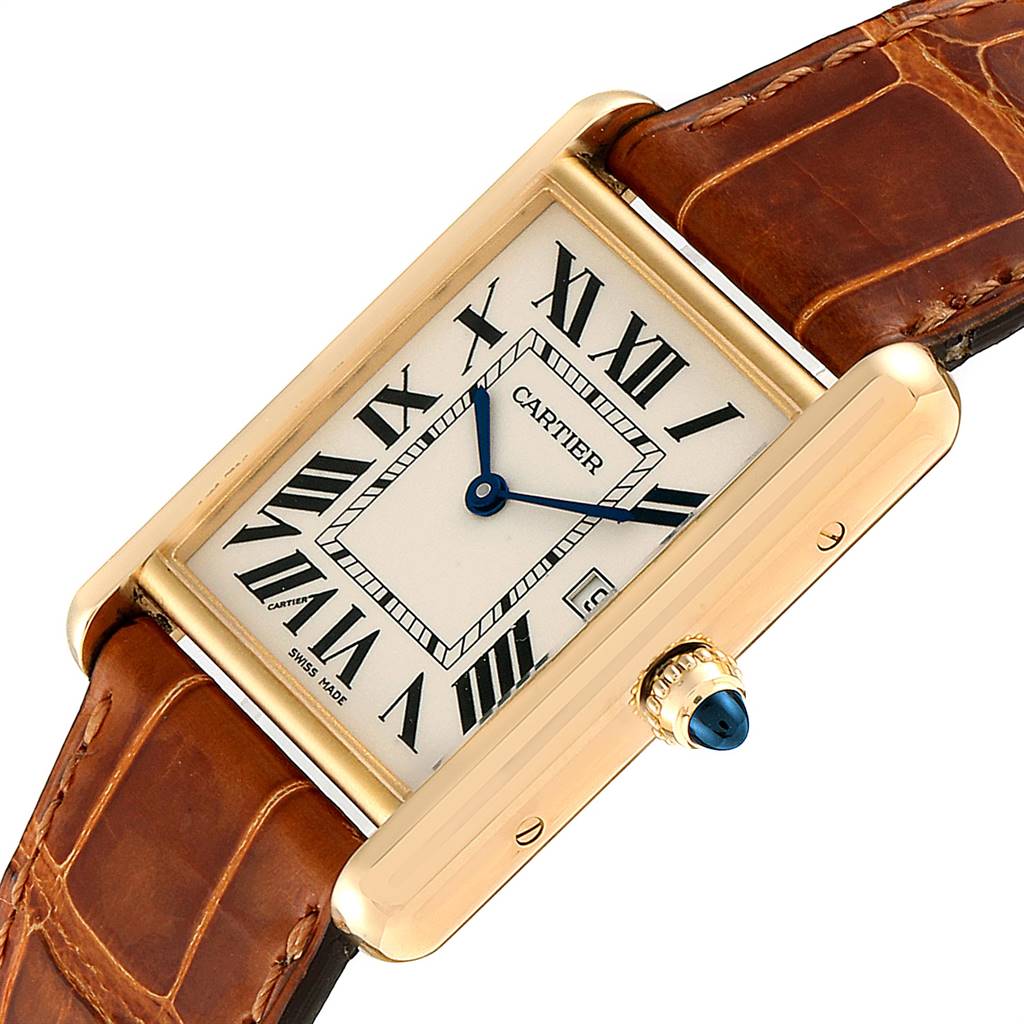 The image shows a close-up, angled view of the Cartier Tank Louis W1529756 Men's Yellow Gold Silver Dial W1529756 Men's Yellow Gold Silver Dial watch featuring its face, crown, and part of the leather strap.