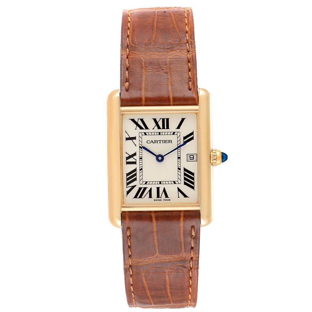 The image shows a front view of the Cartier Tank Louis W1529756 Men
s Yellow Gold Silver Dial W1529756 Men
s Yellow Gold Silver Dial watch, highlighting its rectangular case, leather strap, and Roman numeral dial.