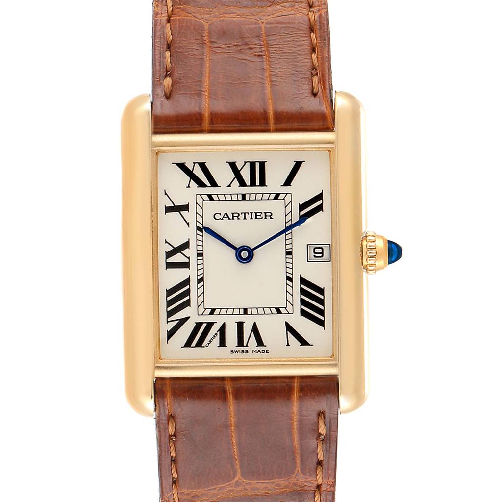This image shows a front view of a Cartier Tank Louis W1529756 Men
s Yellow Gold Silver Dial W1529756 Men
s Yellow Gold Silver Dial watch, highlighting its rectangular face, Roman numeral markers, and brown leather strap.