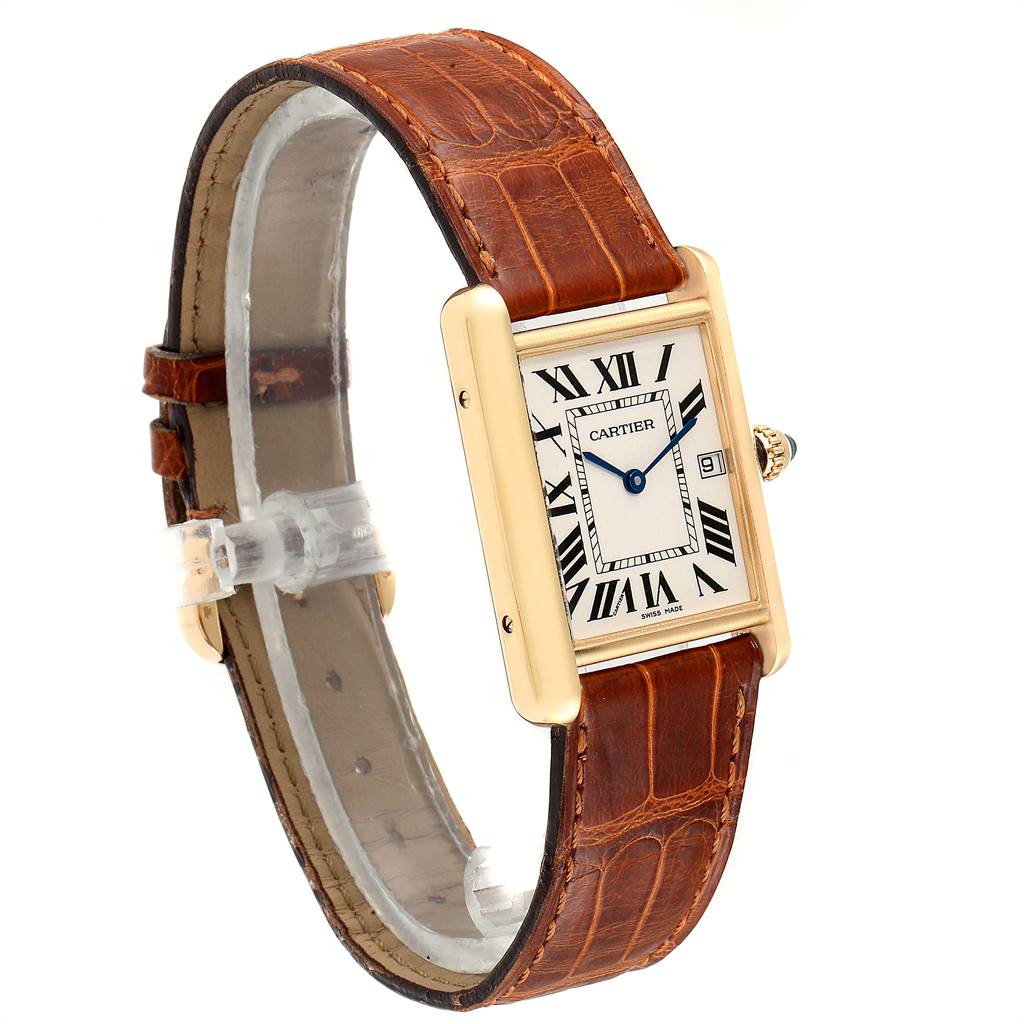 The image shows a side angle of a Cartier Tank Louis W1529756 Men
s Yellow Gold Silver Dial W1529756 Men
s Yellow Gold Silver Dial watch with a brown leather strap and rectangular face displaying Roman numerals.