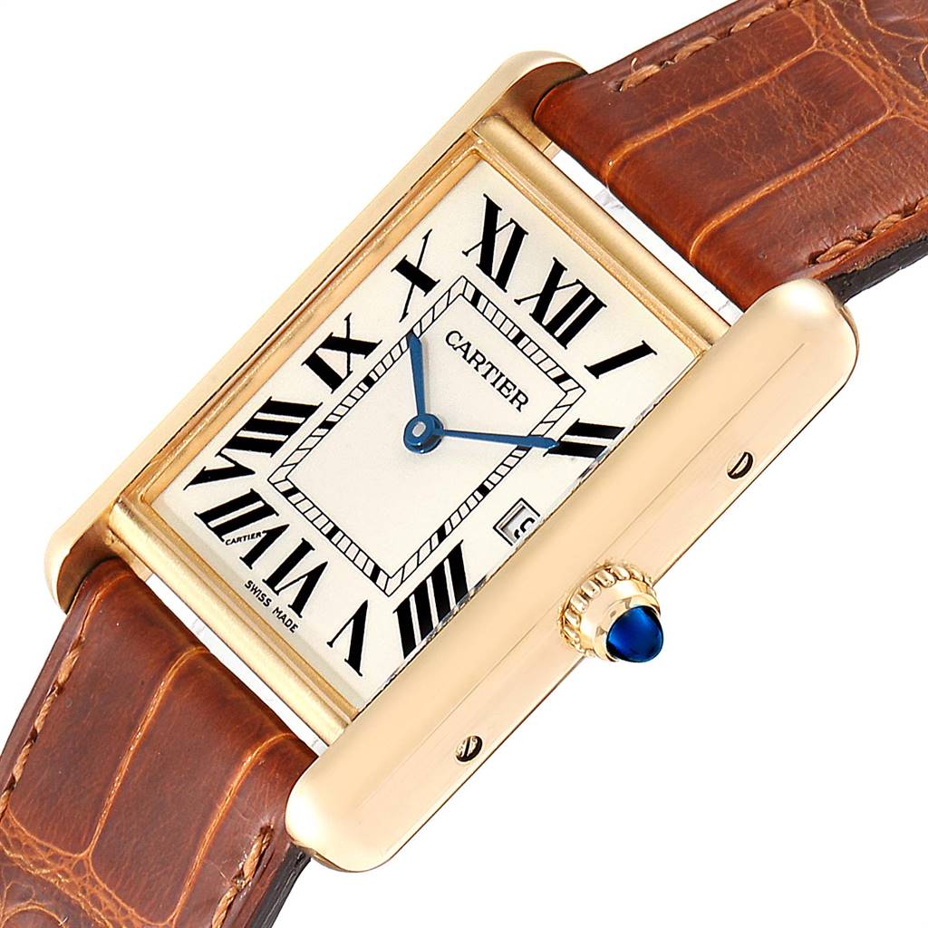 This image shows a Cartier Tank Louis W1529756 Men
s Yellow Gold Silver Dial W1529756 Men
s Yellow Gold Silver Dial model watch at an angled view, highlighting the dial, crown, case, and leather strap.