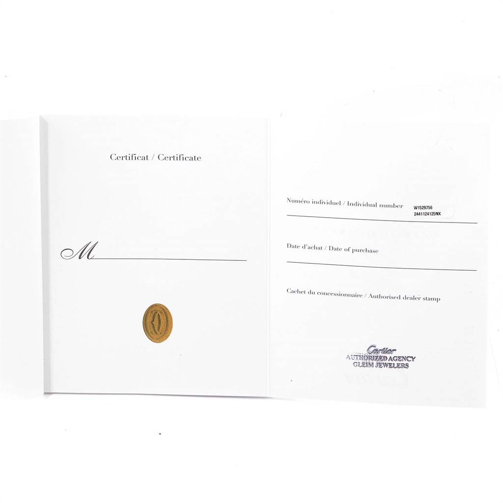 This is the certificate for a Cartier Tank Louis W1529756 Men
s Yellow Gold Silver Dial W1529756 Men
s Yellow Gold Silver Dial watch, showing the individual number, date of purchase, and dealer
s stamp.