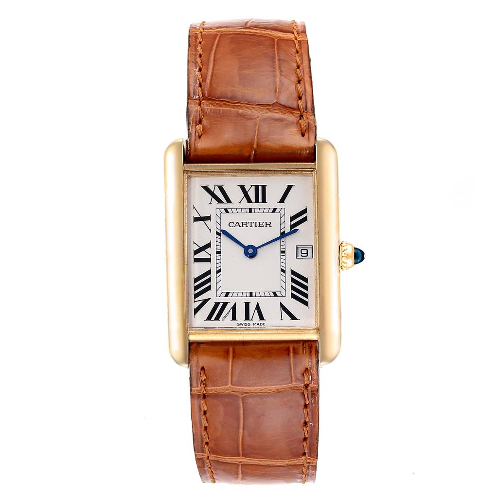 The image shows a frontal view of the Cartier Tank Louis W1529756 Men
s Yellow Gold Silver Dial W1529756 Men
s Yellow Gold Silver Dial watch, highlighting its rectangular face, Roman numerals, and brown leather strap.
