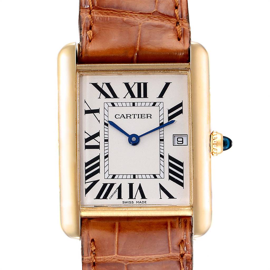 The image shows a front view of the Cartier Tank Louis W1529756 Men
s Yellow Gold Silver Dial W1529756 Men
s Yellow Gold Silver Dial watch, featuring its rectangular face, Roman numerals, and brown leather strap.