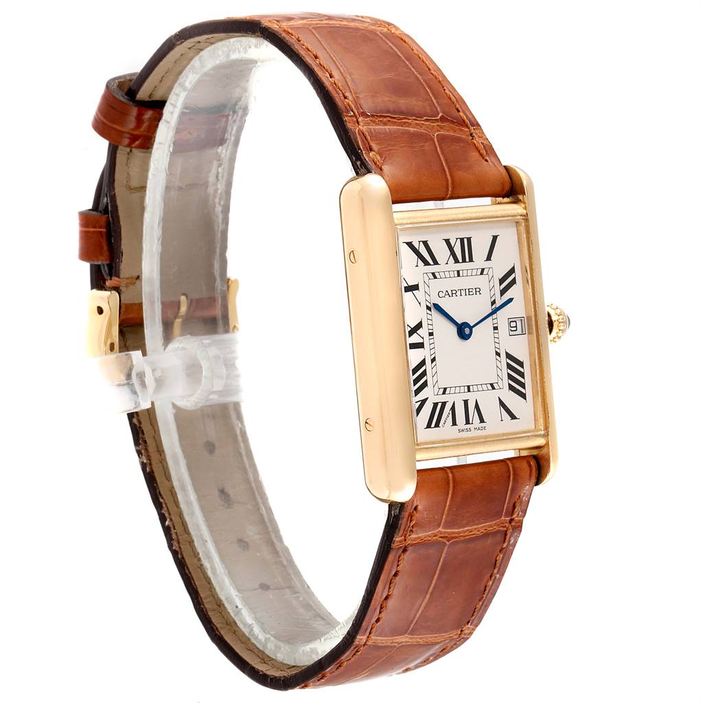 The image shows a Cartier Tank Louis W1529756 Men
s Yellow Gold Silver Dial W1529756 Men
s Yellow Gold Silver Dial watch at an angled view, displaying its face, gold case, and brown leather strap.