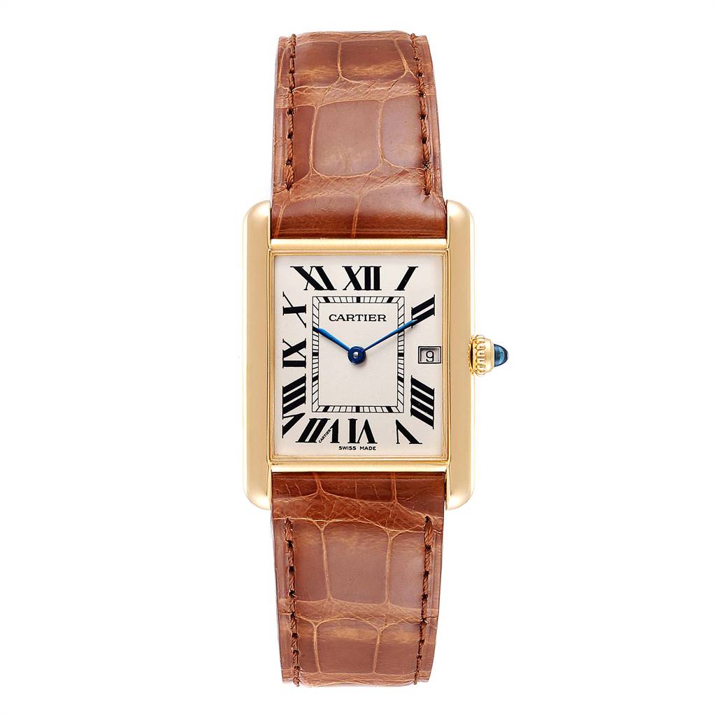 The image shows a Cartier Tank Louis W1529756 Men
s Yellow Gold Silver Dial W1529756 Men
s Yellow Gold Silver Dial model watch from a top-down angle, highlighting its face, brown leather strap, and gold bezel.