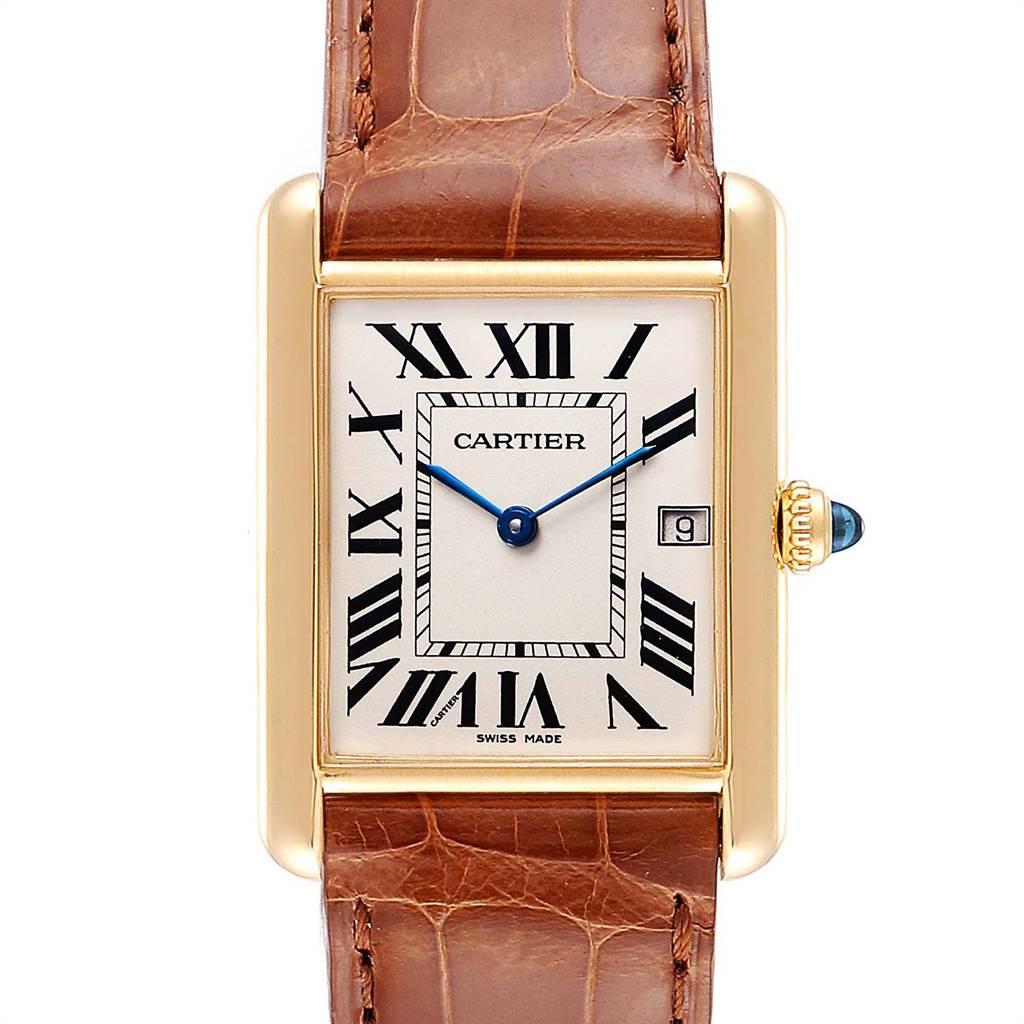 This Cartier Tank Louis W1529756 Men
s Yellow Gold Silver Dial W1529756 Men
s Yellow Gold Silver Dial watch is shown from a top-down angle, featuring its rectangular face, Roman numerals, blue hands, and leather strap.