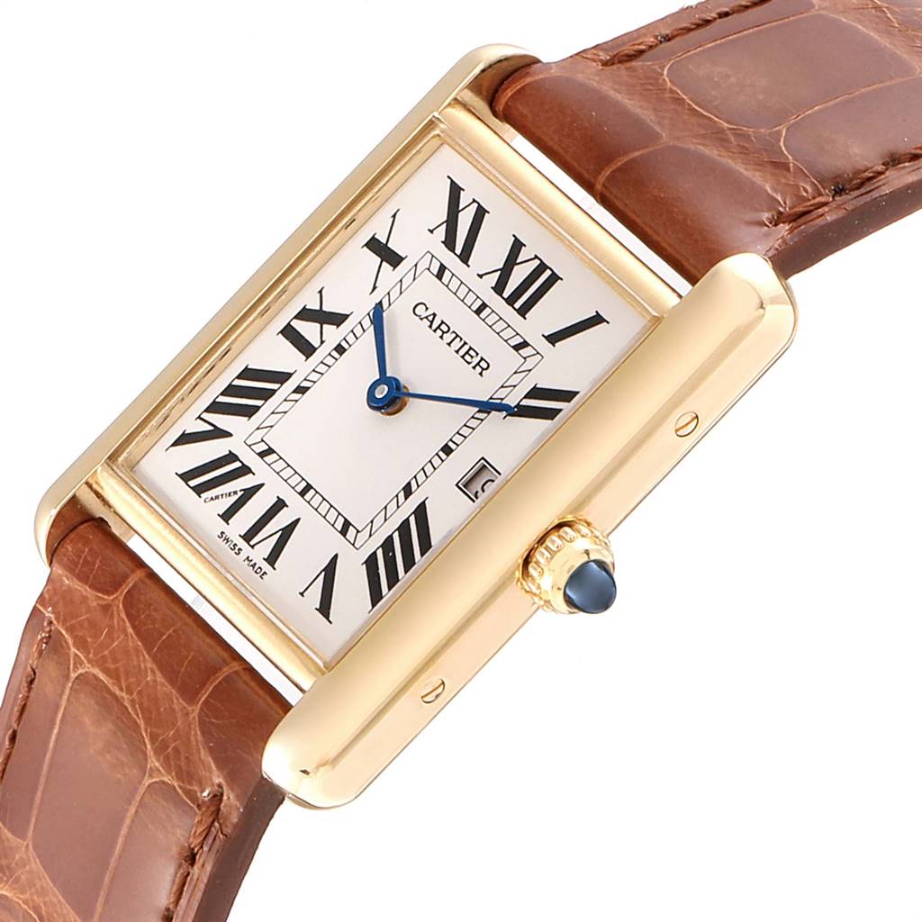 This image shows a Cartier Tank Louis W1529756 Men
s Yellow Gold Silver Dial W1529756 Men
s Yellow Gold Silver Dial model watch from a close-up, angled view, highlighting the rectangular face, Roman numerals, and brown leather strap.