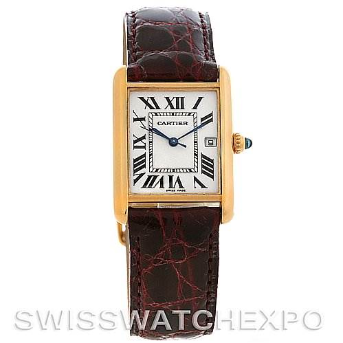 The image shows a front view of the Cartier Tank Louis W1529756 Yellow Gold White Dial W1529756 Yellow Gold White Dial watch, featuring its rectangular dial and leather strap.