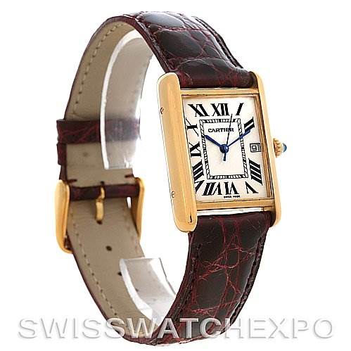 The Cartier Tank Louis W1529756 Yellow Gold White Dial W1529756 Yellow Gold White Dial watch is shown from an angled side view displaying the dial, case, strap, and buckle.