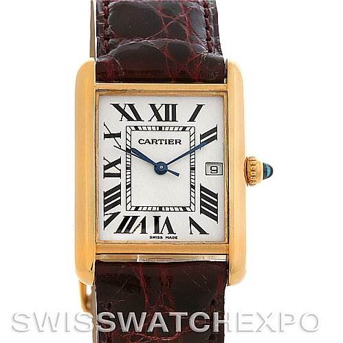 The image shows a frontal view of a Cartier Tank Louis W1529756 Yellow Gold White Dial W1529756 Yellow Gold White Dial watch, including the face, bezel, crown, and part of the leather strap.