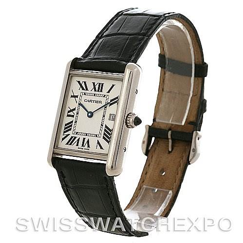 The image shows a side angle of the Cartier Tank Louis W1540956 White Gold White Dial W1540956 White Gold White Dial watch, highlighting its dial, case, crown, and leather strap.