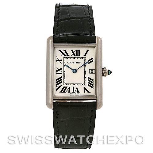 This is a front view of the Cartier Tank Louis W1540956 White Gold White Dial W1540956 White Gold White Dial watch, showing the dial, Roman numerals, hands, crown, and black leather strap.