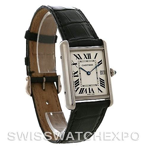 The image shows a side-front angle of the Cartier Tank Louis W1540956 White Gold White Dial W1540956 White Gold White Dial watch, displaying its face, leather strap, and distinctive rectangular case.