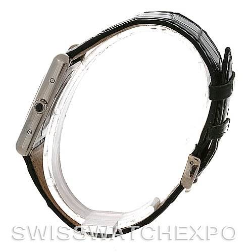 The image shows a side view of the Cartier Tank Louis W1540956 White Gold White Dial W1540956 White Gold White Dial, highlighting its case and leather strap.