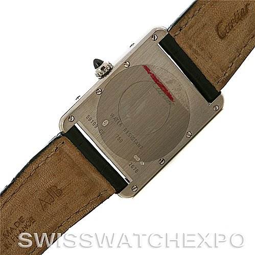 This image shows the back case and leather strap of a Cartier Tank Louis W1540956 White Gold White Dial W1540956 White Gold White Dial watch, including brand engraving.
