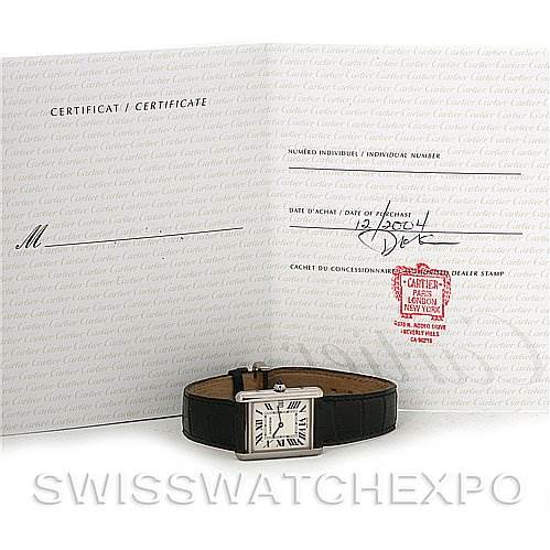 The image shows a Cartier Tank Louis W1540956 White Gold White Dial W1540956 White Gold White Dial watch lying flat with its certificate in the background.