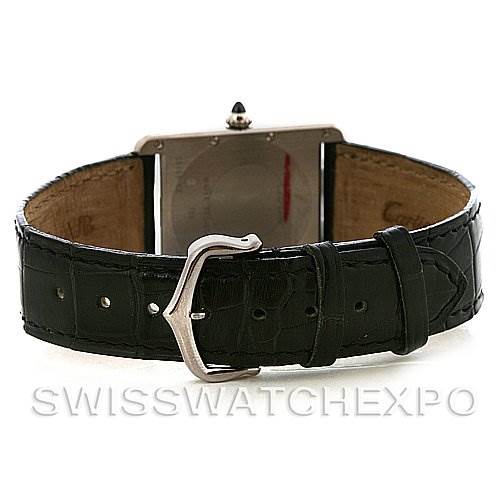 The image shows the back and clasp of a Cartier Tank Louis W1540956 White Gold White Dial W1540956 White Gold White Dial watch with its black leather strap and stainless steel buckle.