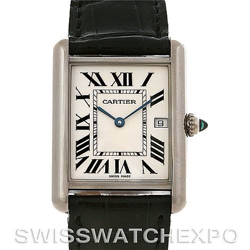 The Tank Louis model by Cartier is shown from a front angle, displaying its face, Roman numerals, and black leather strap.