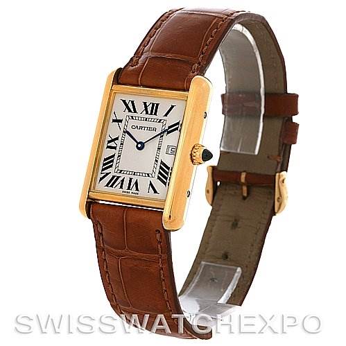 The image shows the Cartier Tank Louis W1529756 Yellow Gold White Dial W1529756 Yellow Gold White Dial model watch at an angle, displaying its face, leather strap, and gold casing.