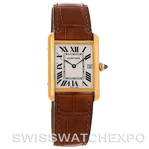 The image shows a top view of a Cartier Tank Louis W1529756 Yellow Gold White Dial W1529756 Yellow Gold White Dial watch, highlighting its rectangular face, Roman numeral dial, gold case, and brown leather strap.