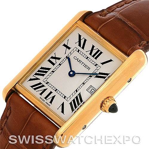The image shows a close-up angle of the Cartier Tank Louis W1529756 Yellow Gold White Dial W1529756 Yellow Gold White Dial watch, highlighting its rectangular dial, Roman numerals, and brown leather strap.