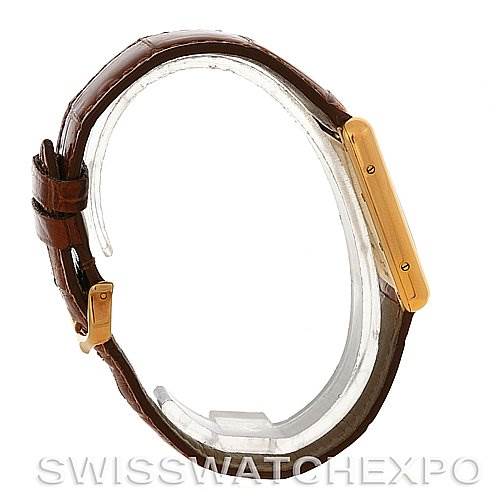 This image shows a side view of the Cartier Tank Louis W1529756 Yellow Gold White Dial W1529756 Yellow Gold White Dial model, featuring the watch strap and case.