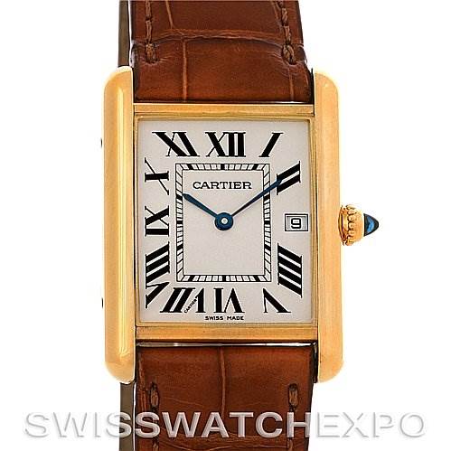 The image shows a front view of a Cartier Tank Louis W1529756 Yellow Gold White Dial W1529756 Yellow Gold White Dial watch, displaying its rectangular face, Roman numerals, leather strap, and crown with a blue cabochon.