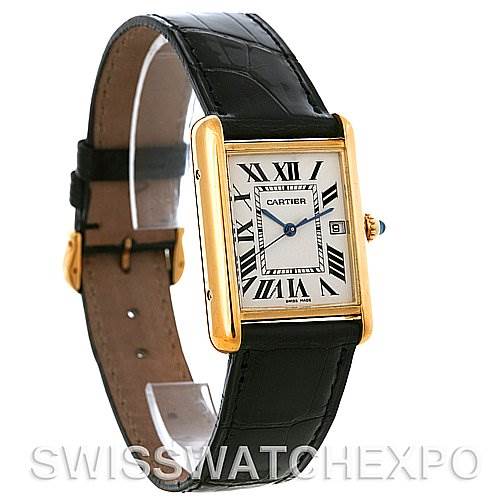 The image shows a side angle of a Cartier Tank Louis W1529756 Men
s Yellow Gold Silver Dial W1529756 Men
s Yellow Gold Silver Dial watch with a gold case, black leather strap, and Roman numeral dial.