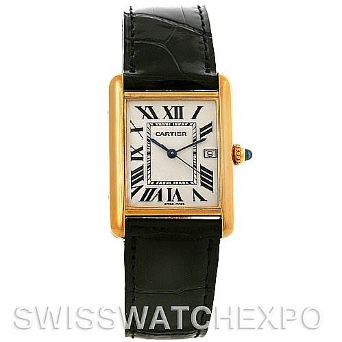 The image shows a front view of the Cartier Tank Louis W1529756 Men
s Yellow Gold Silver Dial W1529756 Men
s Yellow Gold Silver Dial watch, displaying its rectangular gold case, black strap, Roman numeral dial, and blue cabochon crown.