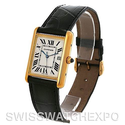 This Tank Louis watch by Cartier features a rectangular case, black leather strap, and visible dial with Roman numerals at a slight angle.