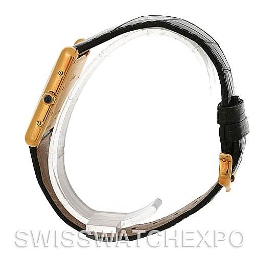 The image shows a side view of the Cartier Tank Louis W1529756 Men
s Yellow Gold Silver Dial W1529756 Men
s Yellow Gold Silver Dial watch, highlighting the gold case, crown, and black leather strap.