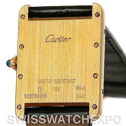 This image shows the back case of the Cartier Tank Louis W1529756 Men
s Yellow Gold Silver Dial W1529756 Men
s Yellow Gold Silver Dial model watch.