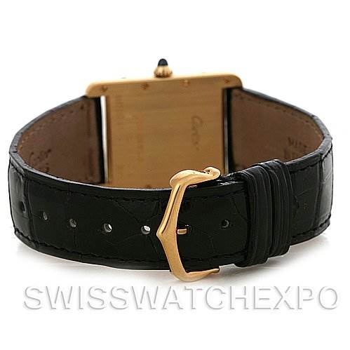 The image shows the back and clasp of a Tank Louis model watch by Cartier.