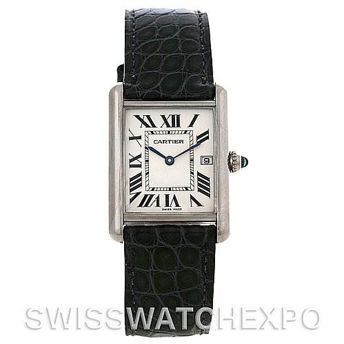 The image shows a front view of the Cartier Tank Louis W1540956 White Gold White Dial W1540956 White Gold White Dial watch, featuring its rectangular face, Roman numerals, and black strap.