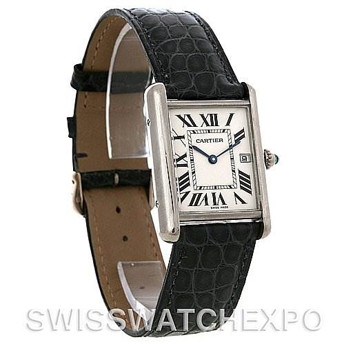 This image shows a Cartier Tank Louis W1540956 White Gold White Dial W1540956 White Gold White Dial watch at a slight angle, highlighting the face and leather strap.