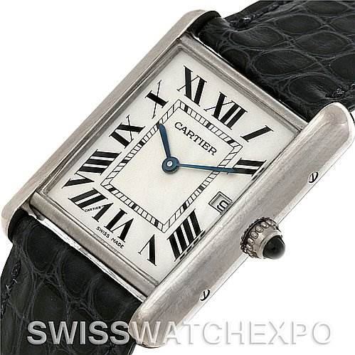 The image shows a Cartier Tank Louis W1540956 White Gold White Dial W1540956 White Gold White Dial watch at a 3/4 angle, highlighting the dial, roman numerals, blue hands, and crocodile leather strap.