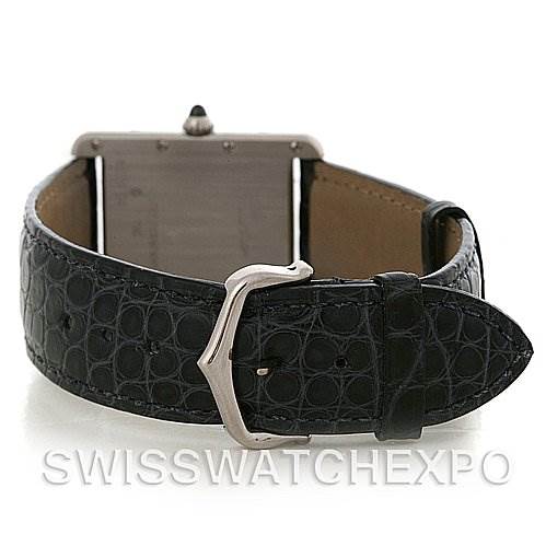 The image shows the rear view of the Cartier Tank Louis W1540956 White Gold White Dial W1540956 White Gold White Dial model, highlighting the buckle and leather strap.